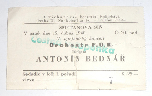 VSTUPENKA • Smetanova síň, koncert 12. dubna 1940