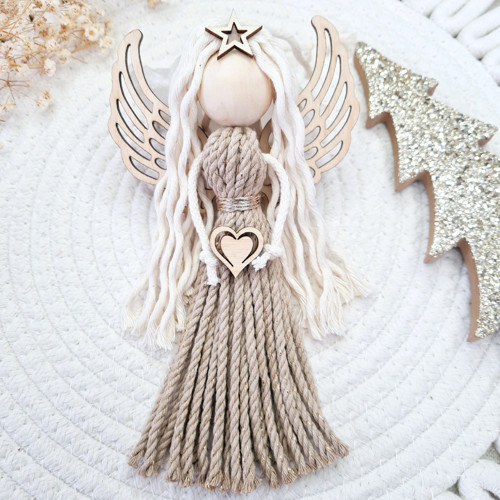 Anděl macramé VÁNOČNÍ HVĚZDA SAND s dřevěnými kříd