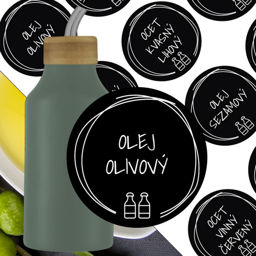 12 etiket na OLEJE A OCTY černé