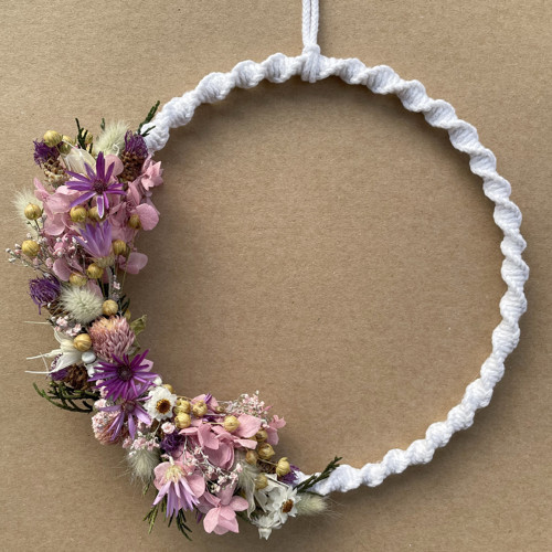 Andělský macrame věneček ze sušených květin-růžový