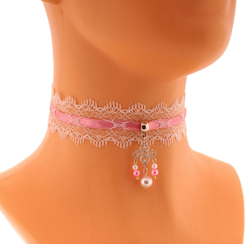 Romantický choker krajkový pro nevěstu růžový