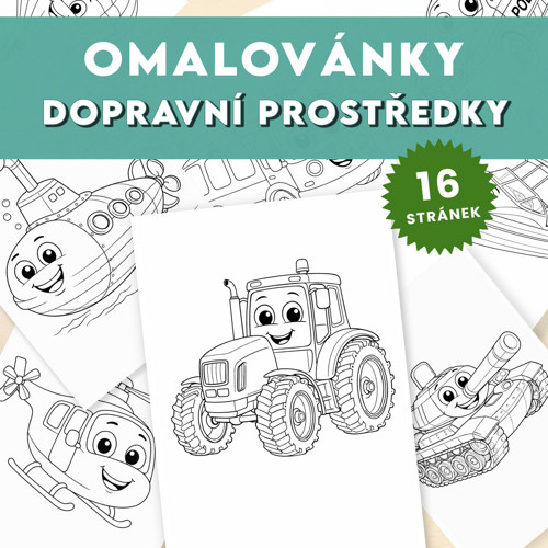 Dopravní prostředky - sada 16 omalovánek k tisku