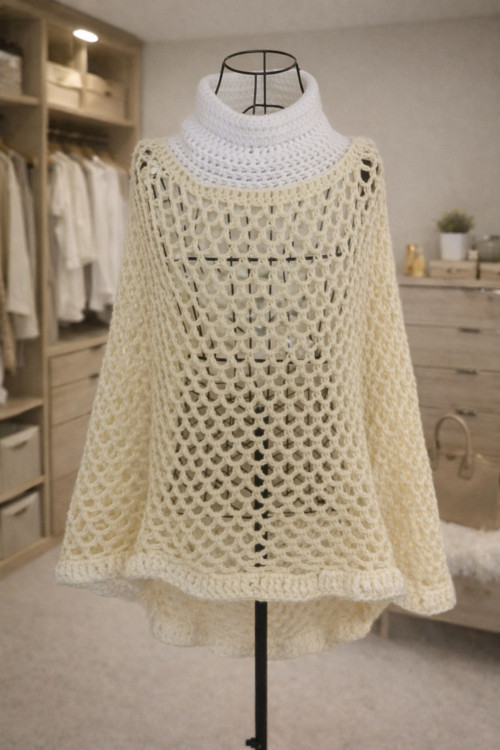 Háčkované boho pončo s mandalou – Krémová & bílá