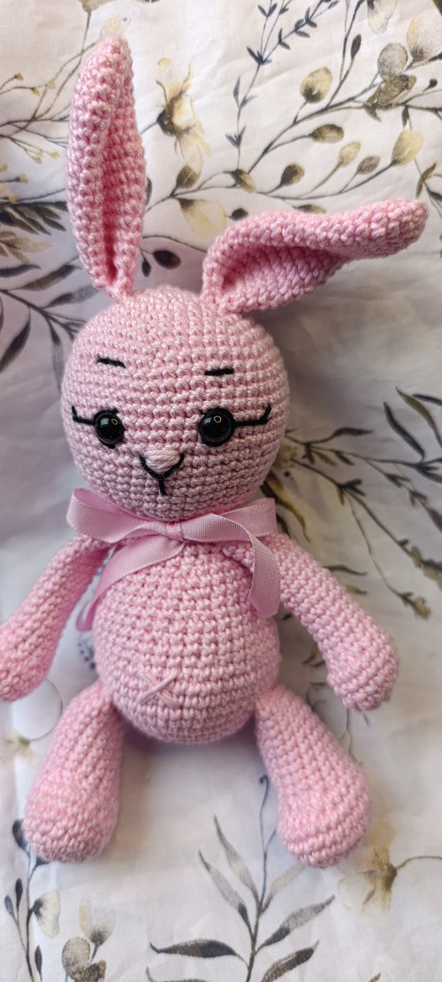 Háčkovaný králíček, zajíček růžový 18 cm bez uší