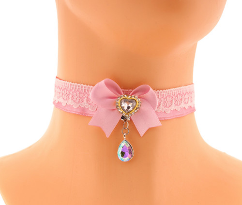 Obojek růžový choker s přívěškem a mašličkou