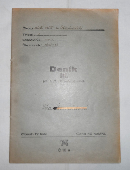 Školní DENÍK III., IV. třída, školní rok 1938 - 39