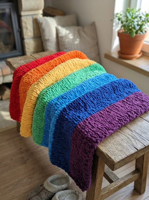 Měkký pletený přehoz - deka puffy (duha)