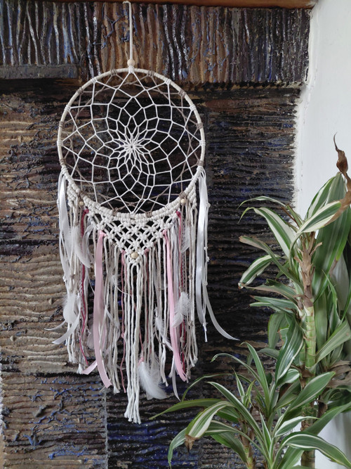 Macramé lapač snů -krémová - růžová 30x70cm