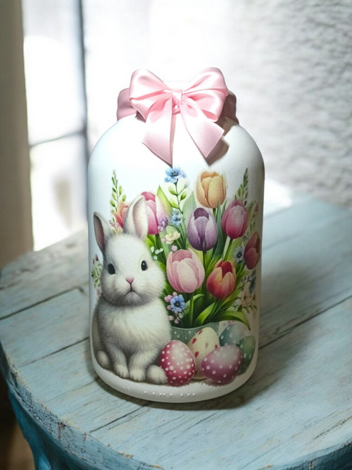 Velikonoční skleněná Lucerna/láhev zajíček s tulip