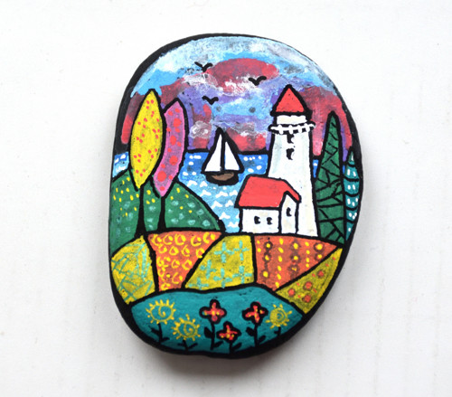 Malovaný kamínek - Maják, plachetnice, moře