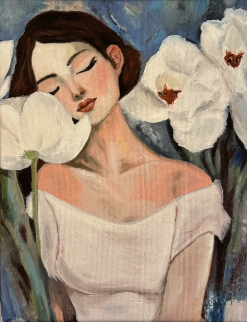 Reprodukce na plátně – Žena s květinami 40×30