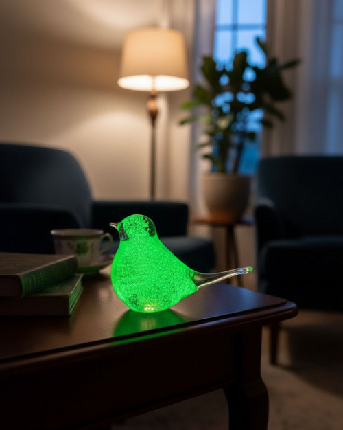 Skleněný ptáček s fluorescenčním pigmentem ZELENÝ