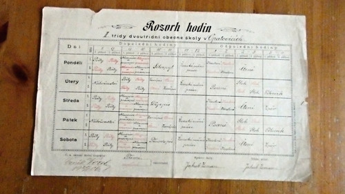 Rozvrh hodin z roku 1920