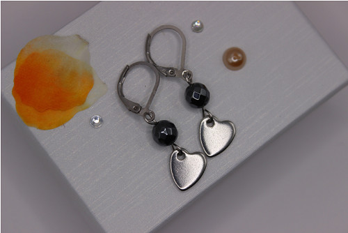 Heart silver/ Hematit. Náušnice chir.ocel