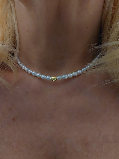 Perlový náhrdelník srdíčko stříbro zlacené 14K