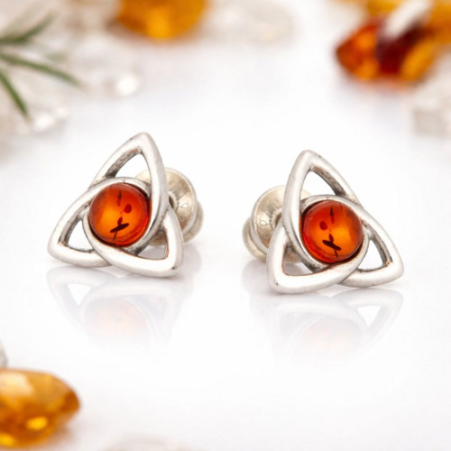 Stříbrné náušnice s jantarem – Triquetra