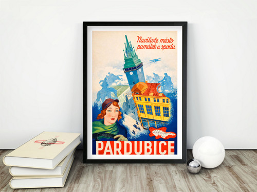 Vintage plakát Pardubíce, město památek a sportu