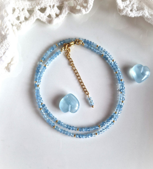 Akvamarín deep blue*rondelky*zlacené Ag*náhrdelník