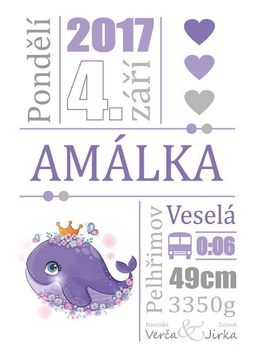 Pamětní list k narození miminka - velrybka