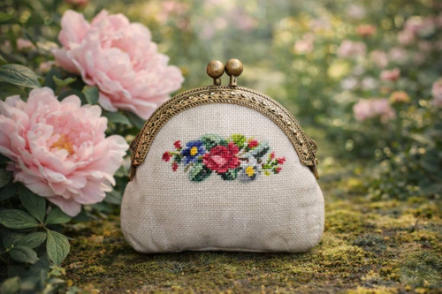 Ručně vyšívaná mincovka petit point – Květy