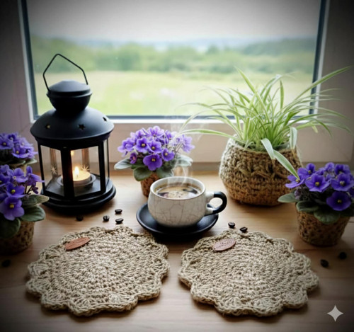 Sada 2ks háčkovaných jutových Boho podtacků — foto 1