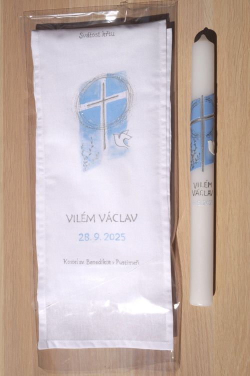 Křestní sada Kříž a holubice, světle modrá, ŠÁL