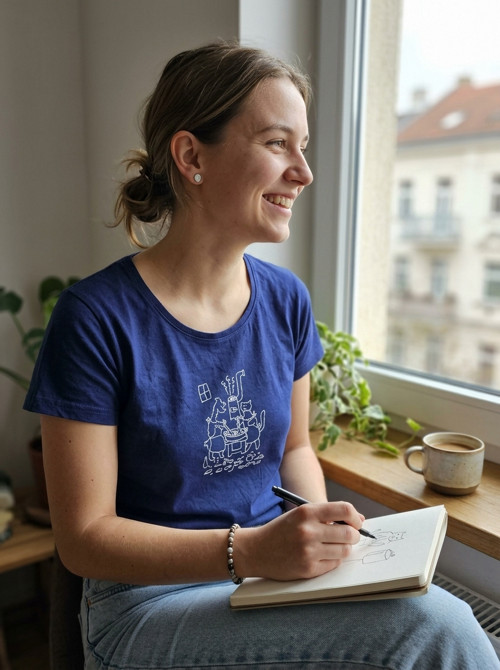 Tričko „Pejsek a kočička vaří dort“ – modré, XS
