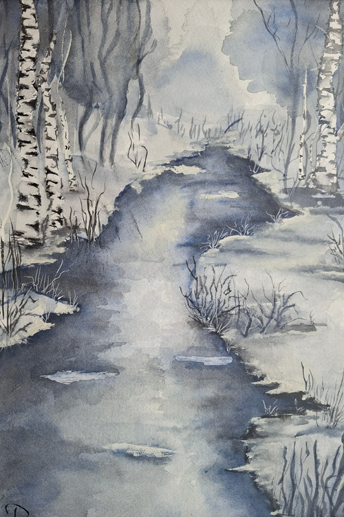 Autorský akvarel - modrá zimní náladovka
