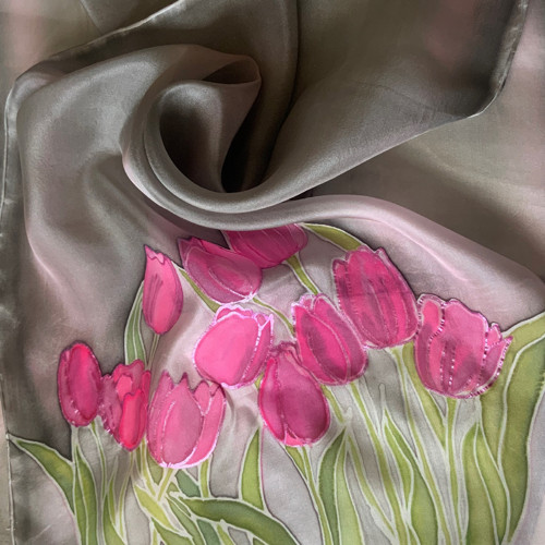 Hedvábná šála Pink tulipány - 130x35cm