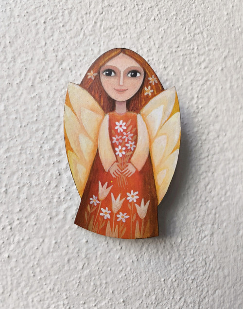 Malovaný andílek s tulipány, oranžový 10 cm