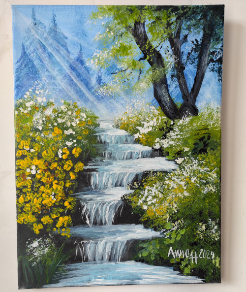 Sluneční paprsky nad lesními kaskádami 30×40