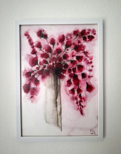 Autorský akvarel - Kytice magenta