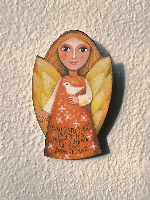Malovaný andílek s ptáčkem, 10 cm