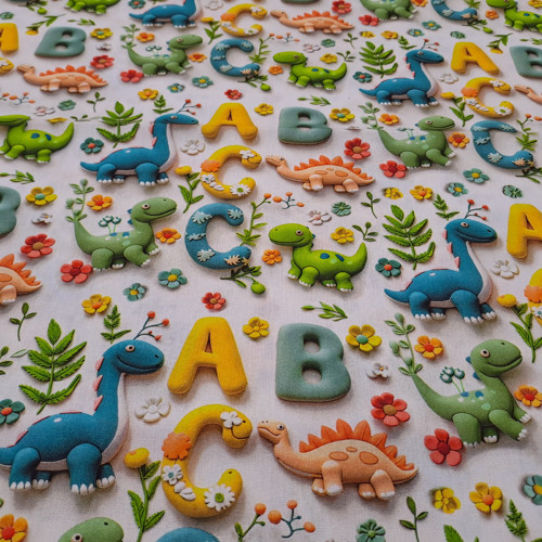 Bavlněná látka 3D tisk DINOSAUŘI A PÍSMENKA