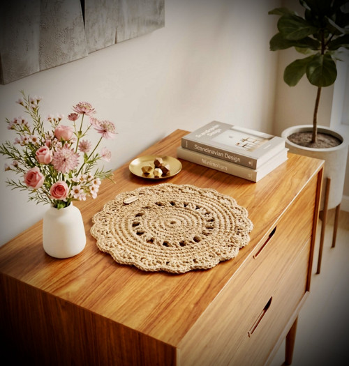 Kulatá háčkovaná dečka z juty v boho stylu