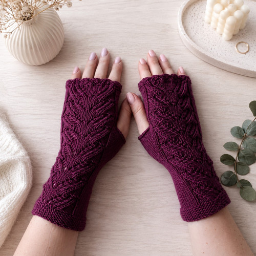 Rukavice bezprsté krajkové bordó - 100% merino