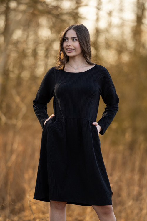 Šaty Marcela wafle černé dlouhý rukáv
