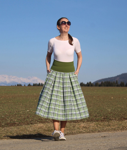 Bavlnená zelená károvaná midi sukňa