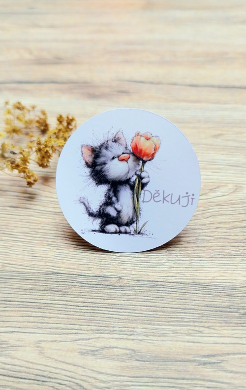 Samolepky - Děkuji - kočka s tulipánem