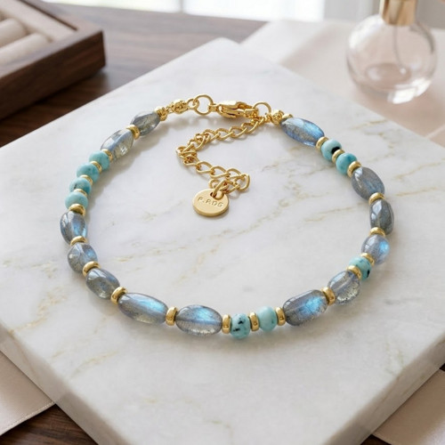 Náramek larimar, labradorit, oceľ, E073 — foto 1