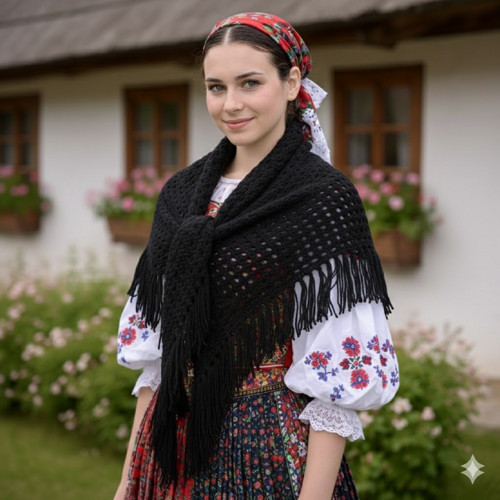 Černý háčkovaný vlniak šátek