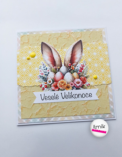 Velikonoční přání s ušima "Spring is Here"