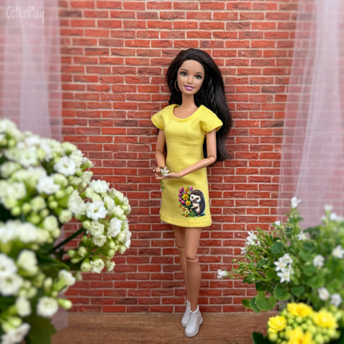 Žluté šaty pro Barbie - Ježeček a květiny