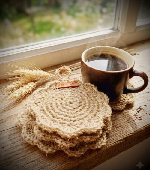 Sada čtyř háčkovaných jutových Boho podtacků