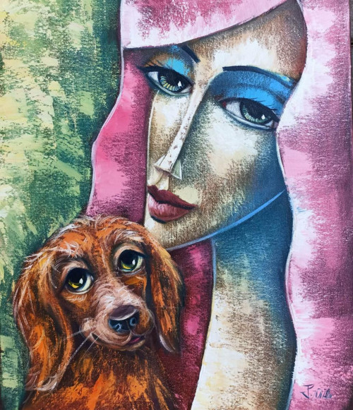 Jiří Petr- Dáma s psíkem, obraz 60x50 cm
