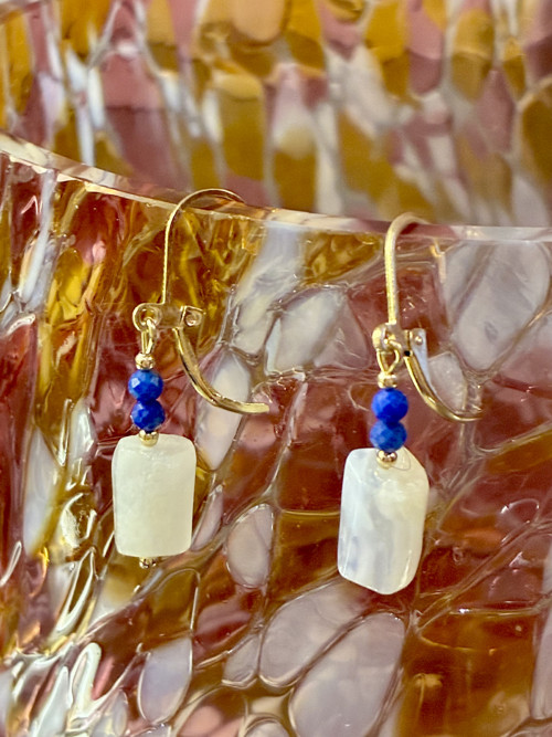 Náušnice chalcedon, azurit, zlac. chir. ocel