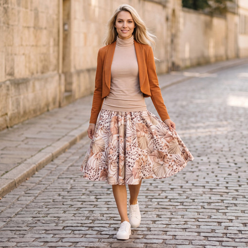 Kolová sukně AMELIA - Zemité listy
