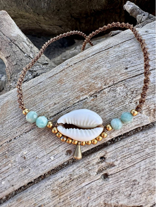 Boho náhrdelník / čoker/ tiara z mušle a amazonitu