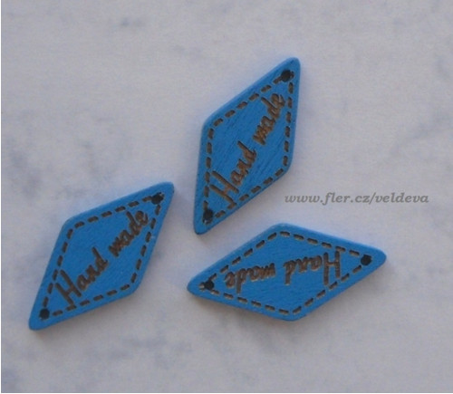 Štítek handmade dřevěný 3 ks modrý 13 x 26 mm