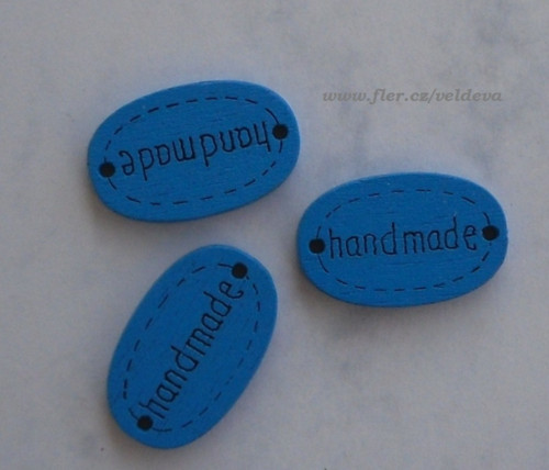 Štítek handmade dřevěný 4 ks modrý 12 x 19 mm
